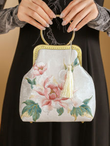 Hand Embroidered round Ring Handbag Small High-End Vertical Style Qipao Evening Bag Artistic National Style Chain Shoulder Strap
