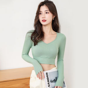 เสื้อโยคะแขนยาวคอวีเล็ก ทรงฟิตเนสสำหรับผู้หญิง ดีไซน์ไม่มีวงแหวน เสื้อผ้ากีฬาแบบสวมหัว ผ้าผสมโพลีเอสเตอร์และไนลอน