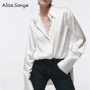 Alisa.Sonya Women Silk Satin Casual  Blouse Shirt Korean Style Long Sleeves Formal Office Wear V-Neck Loose Top For Women