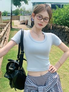 MiiOW | เสื้อยืดแขนสั้นทรงเข้ารูปสำหรับผู้หญิง เสื้อคอกลมเอวสูงแฟชั่นฤดูร้อน เสื้อผ้าทำงาน MiiOW Catwoman ผ้าฝ้ายผสมสแปนเด็กซ์