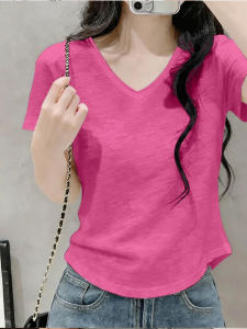 V.C.I | Magenta Bamboo Cotton Iced Silk V-Neck Short Sleeve T-Shirt For Women Summer Irregular Design