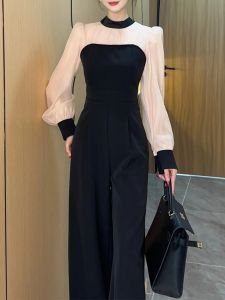 Elegant Womens Long Sleeve Jumpsuit Wide Leg Pants Set Spring 2025 Fashion Slimming Outfit Comfortable Polyester Fiber