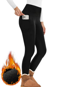 Womens Winter Thermal Leggings with Pockets - High Waisted Fleece Lined Tummy Control Thick Warm Tights for Workout Running