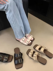 Summer Flat Slippers For Women Casual Leather Double Strap Design Indoor Outdoor Sandals
