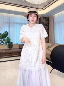 Elegant Embroidered Hollow out Breathable Casual Dress Heavy Workmanship Slimming A-Line Skirt High Waist Short Sleeve Midi Dress