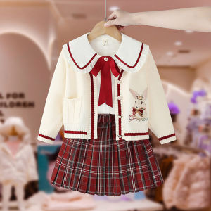 Spring Fashionable Girls Knitted Sweater Set 3 Pieces Jk School Uniform Style Cotton Polyester Blend Ages 2-14 Kids Clothing