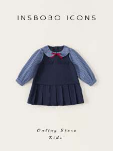 Adorable INSbobo Girls Dress Spring Autumn Plaid A-Line Skirt Long Sleeve Doll Collar Polyester Fiber Soft Medium Elasticity