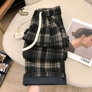 Retro Fleece Lined High Waist Plaid Pants Womens Spring Autumn New Style Lazy Woolen Wide Leg Pants Korean Style Commute