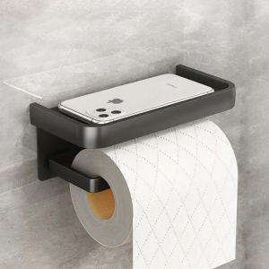 Toilet Paper Holder with Shelf Aluminum Tissue Roll Holder with Mobile Phone Storage Shelf for Modern Bathroom