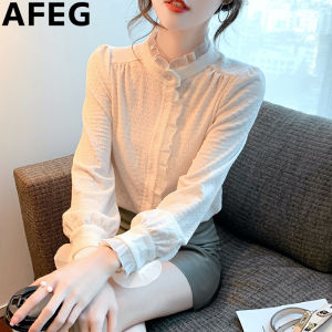 AFEG solid color Korean version stand collar fashion loose temperament chiffon long-sleeved blouse for women
