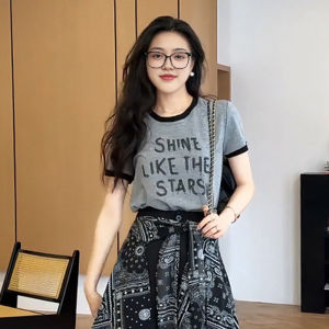 plus Size Casual Style Color Block Print Short Sleeve T-Shirt Womens Top Summer Meat Concealing Skirt Pants Two Piece Set