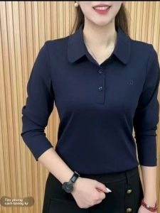 Áo Thun Tay Dài Nữ HUAXUNRAN Dáng Rộng Cổ Polo Thời Trang Trung Niên