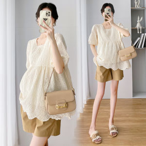 Bộ Đồ Hai Mảnh Thời Trang Mùa Hè Cho Bà Bầu Áo Sơ Mi Tay Ngắn Ren Cổ Tròn Quần Short Váy Bầu Thời Trang Thường Ngày