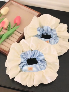 Korean Ballet Style Satin Lace Hair Scrunchie Elegant Blue Striped Hair Band Large Ponytail Holder Hair Tie for Women Girls