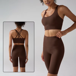 Bộ Đồ Tập Yoga Màu Trơn Dành Cho Nữ 2 Mảnh Quần Legging Ngắn Bó Sát Áo Ngực Thể Thao Có Dây Chéo Bộ Đồ Thể Thao Trang Phục Thể Thao
