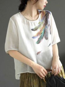 Summer New Loose Cotton Linen Womens Shirt Vintage Artistic Print Thin High-End Top Slimming Ethnic Style Commute Fashion