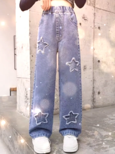 [Fast Shipping] Kids Jeans Pants for Girl 4-12 Yrs Embroidery Cozy Cotton Denim Pants for Kids Girl