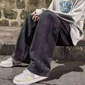 2025 New Streetwear Loose Jeans Men Korean Style Fashion Loose Straight Wide Leg Pants Mens Brand Clothing Black Light Blue