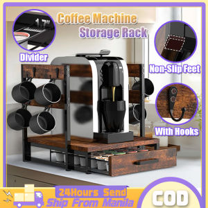 Wooden Coffee Machine Rack Organizer With 8 Hooks And Drawer Pull-Out Coffee Capsule Storage Rack Tea Bag Storage Rack Countertop Spice Shelf Coffee Bar Storage Box For Kitchen Office Restaurant