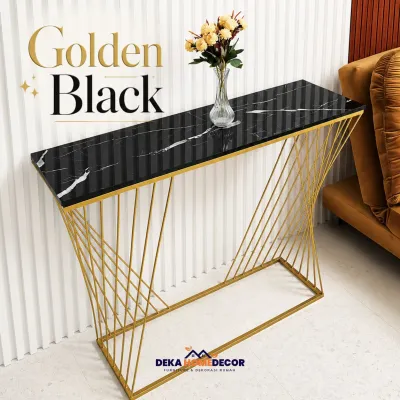 Meja Konsol Modern Minimalis CRISA Top HPL Motif Marmer Glossy Elegan Besi Gold Mewah Meja Foyer Furniture Ruang Tamu Industrial