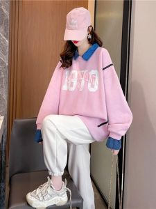 Spring Autumn Plaid Print Polo Neck Sweatshirt Women plus Size Loose Conceal Design Sense Top Polyester Fiber Long Sleeve