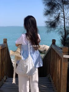 South Korea Bloggers Same Style Spring/Summer Young Adult Polka Dot Crossbody Bag Large Capacity Shoulder Bag Student Fresh Blue and White Canvas Bag