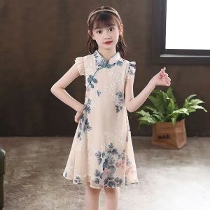 Little DR Cheongsam Kids Girls Summer Dress Chinese New Years Floral Printed Short Sleeve Hanfu qipao A-line Skirts Korean Children Baby 10 Years Clothes