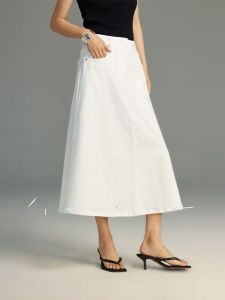 Miiine Elite White A-Line Denim Skirt Classic Cotton High Waist Slimming Long Skirt Pure Color Commute Style with Pockets