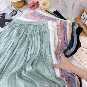 Glossy Pearl Shiny Chiffon Half Skirt Womens Summer Vintage A-Line Midi Skirt Folded High Waist Korean Style Commute