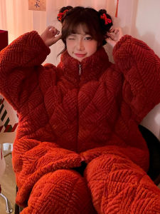 Red Festive Thickened Cotton Padded Coral Fleece Sleepwear Set for Women Lucky Year Long Sleeve Zipper Closure Home Clothes