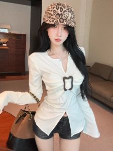 GUZILIAN | Womens Long Sleeve V-Neck Bell Sleeve T-Shirt Autumn Winter High Waist Knitted Base Shirt Inner Wear Irregular Slit Elegant Beauty