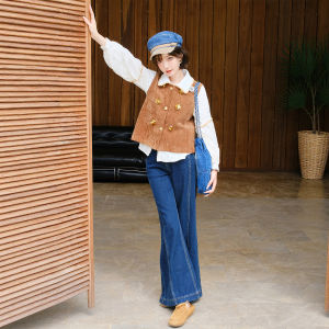 Casual Layered Style Cardigan Vest Khaki Golden Flower Retro
