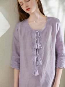 Miccbeirn | French Vintage Heavy Embroidery Cotton Dress Tassel Short Sleeve Light Purple Small Straight Skirt Elegant Round Neck Loose Waist