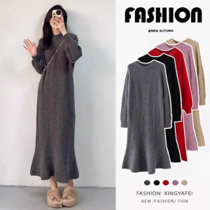 Maternity Dress Winter Thickened Knitted Fish Tail Long Sleeve round Neck Solid Color Korean Style All Season Womens Dress