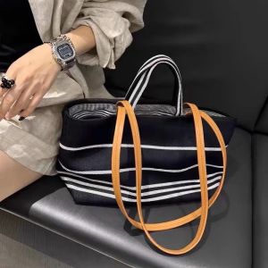 Casual Commuter Stripe Tote Bag Large Capacity Shoulder Canvas Womens Bag 2025 New Style Color Block Handbag Soft Polyester Lining