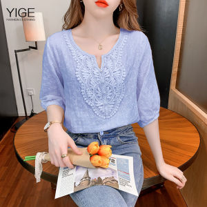 YIGE Áo Cánh Thêu Cổ Chữ V Áo Màu Xanh Thời Trang Mùa Hè Mới 2023 Cho Nữ Áo Cánh Ren Đẹp Cho Nữ