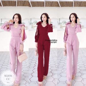 SS036 Set 2 ชิ้น เสื้อเปิดแหวกไหล่ ฟรุ้งฟริ้งแต่งไหล่ด้วยโบว์ทั้ง 2 ข้าง พร้อมกางเกงขายาว