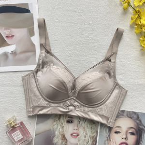 Gufy Luxurious Satin Bra Wireless Gathered Underwear Womens Medium Thick Cup Anti-Sagging Side Fatigue Reduction Vest