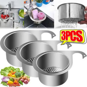 3pcs Stainless Steel Drain Basket Kitchen Sink Filter Shelf Fruit Vegetable Soap Drainer Storage Rack Kitchen Leftover Sink Strainer