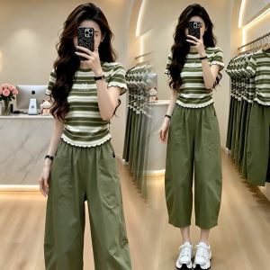 YOUFAN | Fashionable Korean Style Summer T-shirt and Wide Leg Pants Set