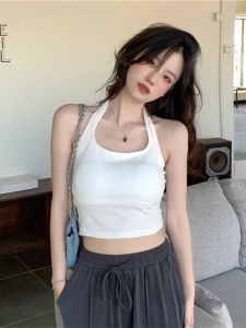 Summer White Neck Tank Top Womens Sling Style Backless Work Clothing for 18-24 Birthday Party Open Back Slim Fit Short Length