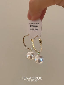 French Vintage round Pearl Pendant Earrings Womens S925 Silver Needle Suitable for Square And round Faces Fashion Jewelry