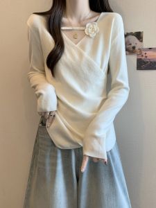 French Elegant V-Neck Knitted Top Women Early Autumn plus Size Fitting Base Shirt Waist Inward Flower 3D Printed Long Sleeve