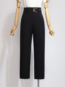 Black High Waist Draped Thin Suit Pants for Women Summer Commute Wide Leg Slimming Trousers Straight Cut Zipper Seven Nine