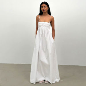 Solid-colored Pleated Suspenders Dress Street Style High Waist Sleeveless Long Skirt Pure Color Folded Strapless Gown