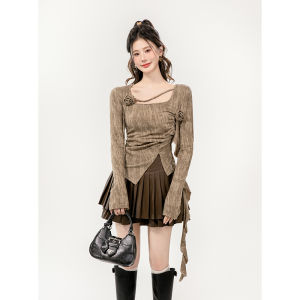 Spring 2026 Sweet And Spicy Flower Long Sleeve T-Shirt Womens Asymmetrical Splicing Design Sense Drifting Belt Top Casual Style