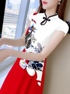 Mid Length Long Length Improved Cheongsam Dress Summer New Arrival Minimalist Print Innerwear Belly Covering Noble Western Style Midi Dress