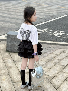 Girls Casual Short Sleeve Skirt Set Two Pieces Outfit Childrens Summer Fashionable Korean Style Leisure Dressing Butterfly Knot