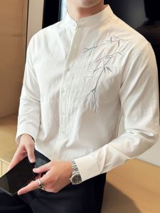 New Chinese Style Long Sleeve Embroidered Flower Shirt Mens Slim Fit Casual Pure Cotton round Neck Shirt Fashionable Urban Business Casual