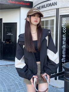 Casual Short Jacket Womens Spring Autumn Loose Color Block Workwear Style Commute Batwing Sleeve V-Neck Regular Length Outerwear